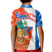 Nicaragua Christmas Kid Polo Shirt with Jaguar in Sleigh Christmas Tree Snowflakes and Flag Colors Design - Wonder Print Shop