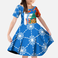 Nicaragua Christmas Kid Short Sleeve Dress with Jaguar in Sleigh Christmas Tree Snowflakes and Flag Colors Design - Wonder Print Shop
