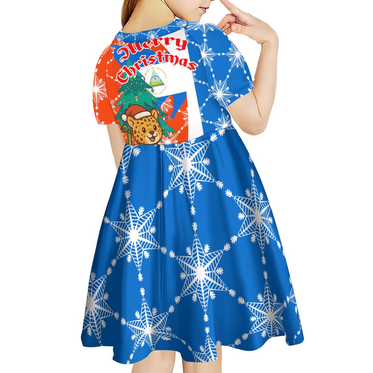 Nicaragua Christmas Kid Short Sleeve Dress with Jaguar in Sleigh Christmas Tree Snowflakes and Flag Colors Design - Wonder Print Shop