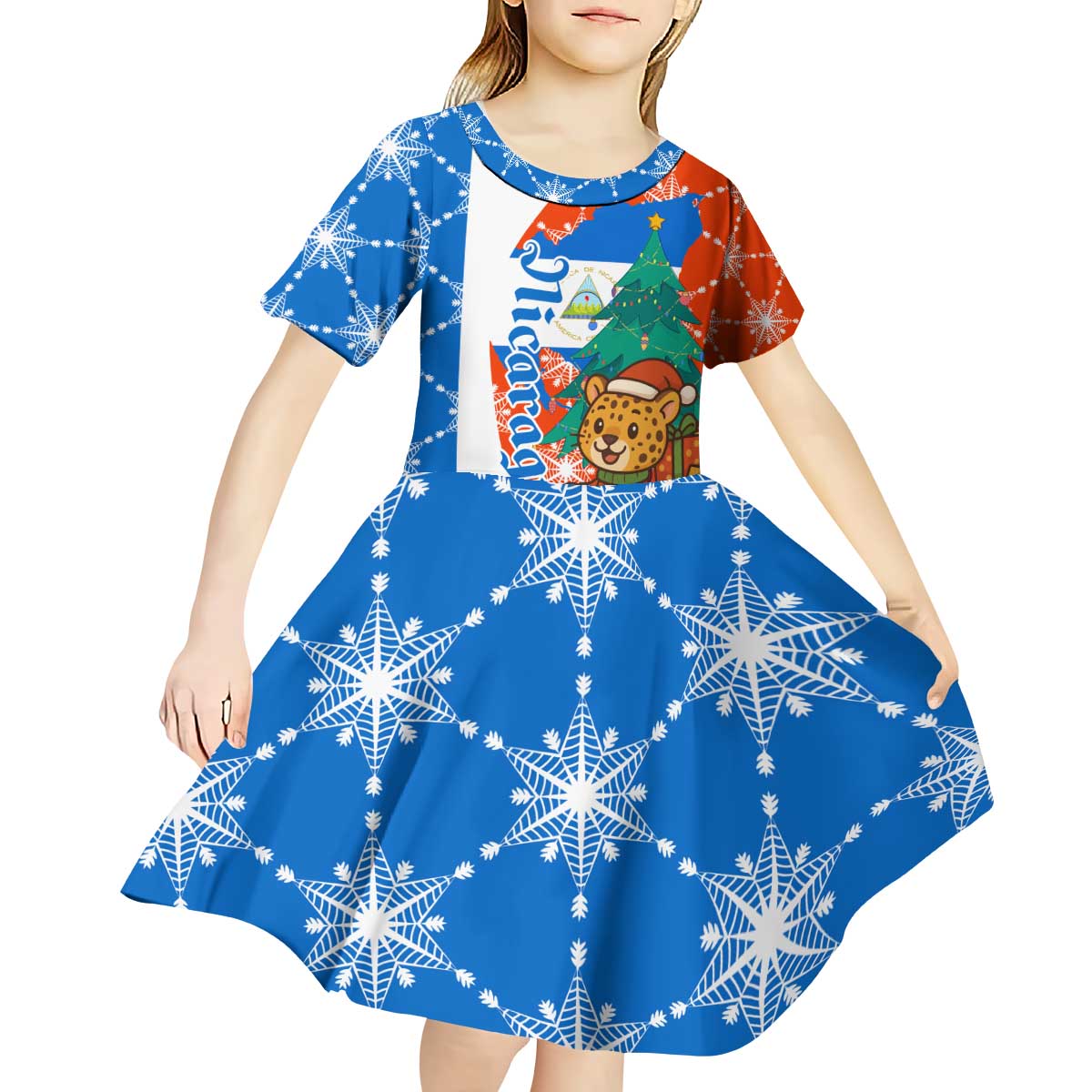 Nicaragua Christmas Kid Short Sleeve Dress with Jaguar in Sleigh Christmas Tree Snowflakes and Flag Colors Design - Wonder Print Shop