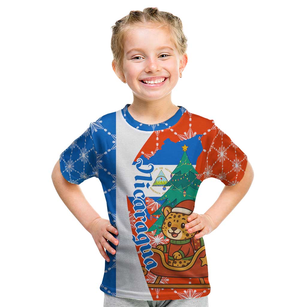 Nicaragua Christmas Kid T Shirt with Jaguar in Sleigh Christmas Tree Snowflakes and Flag Colors Design - Wonder Print Shop