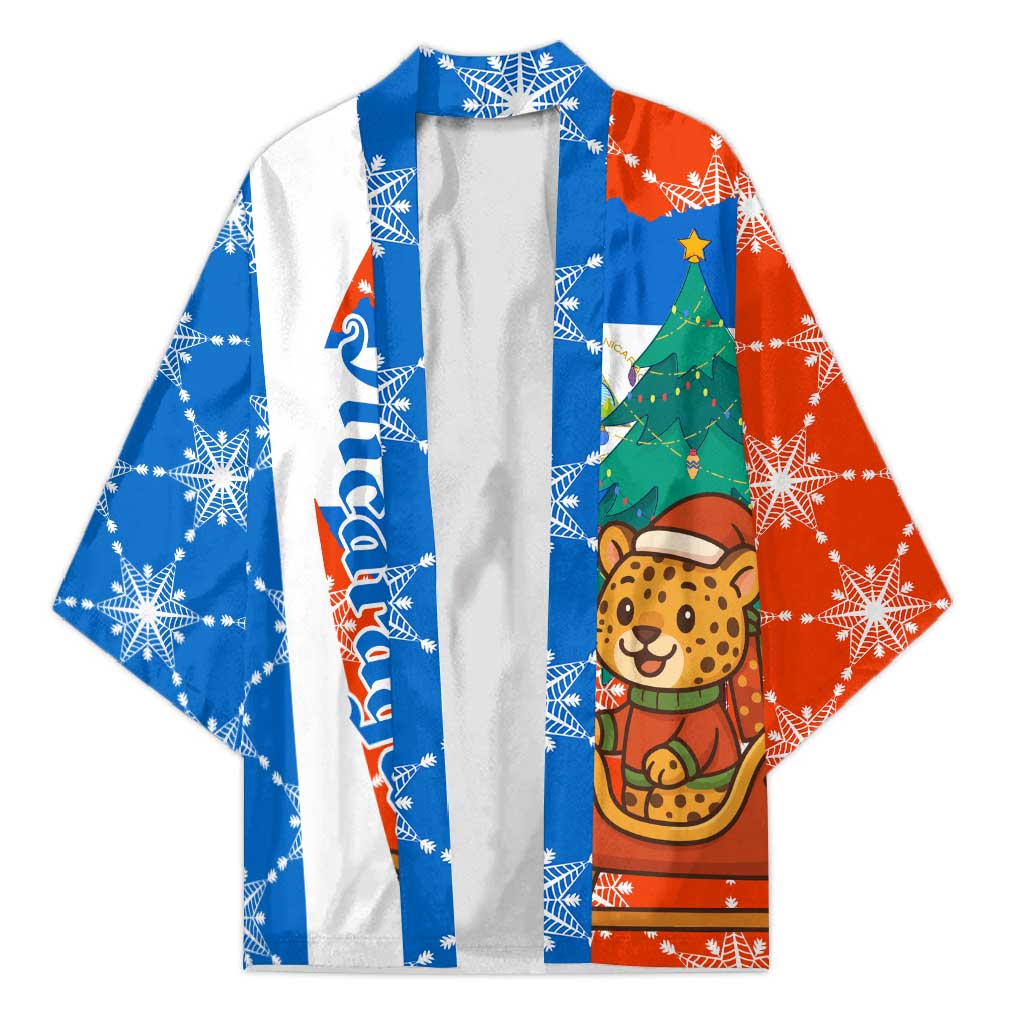 Nicaragua Christmas Kimono with Jaguar in Sleigh Christmas Tree Snowflakes and Flag Colors Design - Wonder Print Shop