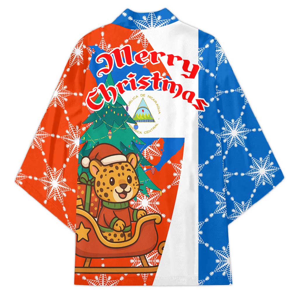Nicaragua Christmas Kimono with Jaguar in Sleigh Christmas Tree Snowflakes and Flag Colors Design - Wonder Print Shop
