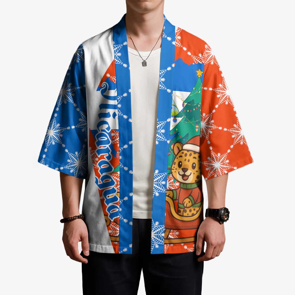 Nicaragua Christmas Kimono with Jaguar in Sleigh Christmas Tree Snowflakes and Flag Colors Design - Wonder Print Shop