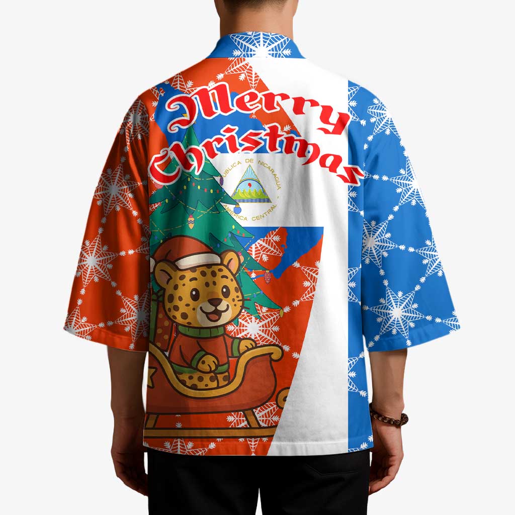 Nicaragua Christmas Kimono with Jaguar in Sleigh Christmas Tree Snowflakes and Flag Colors Design - Wonder Print Shop
