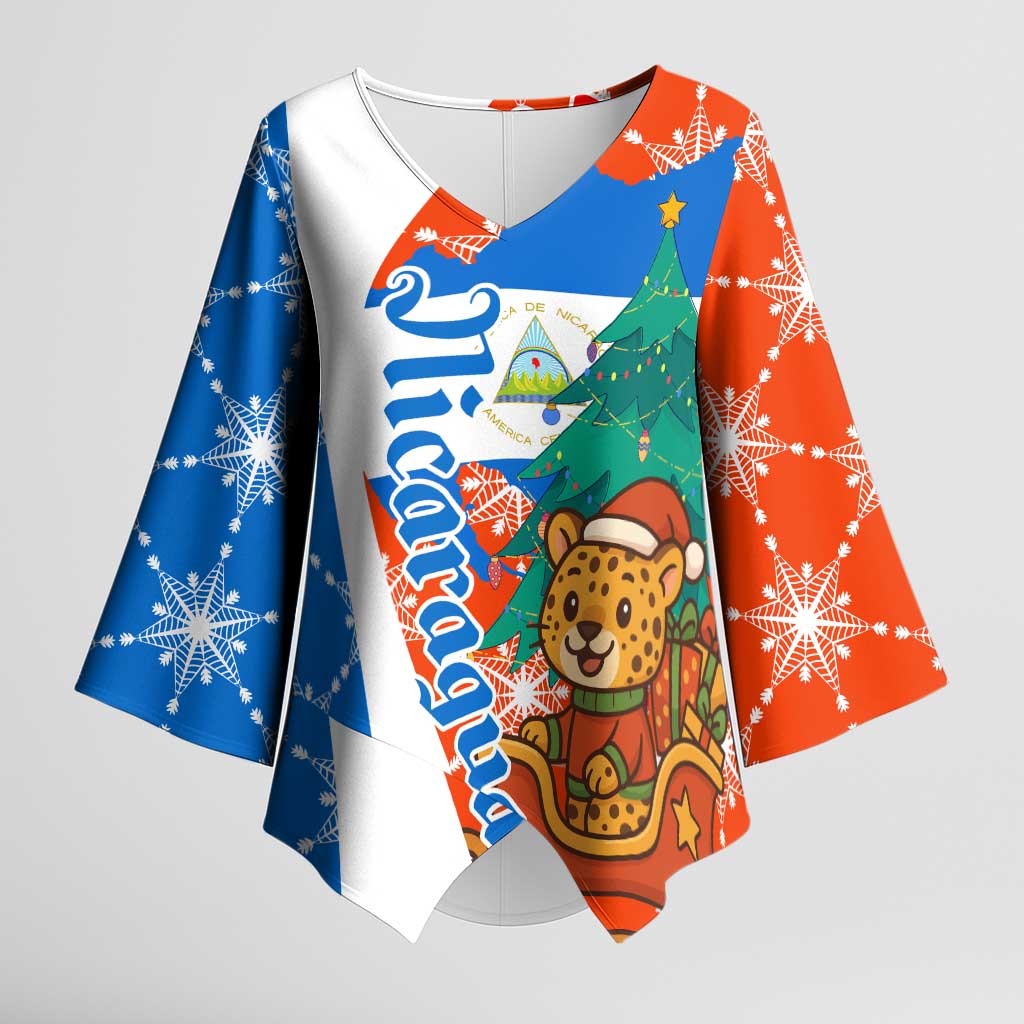 Nicaragua Christmas Kimono Sleeve Blouse with Jaguar in Sleigh Christmas Tree Snowflakes and Flag Colors Design - Wonder Print Shop