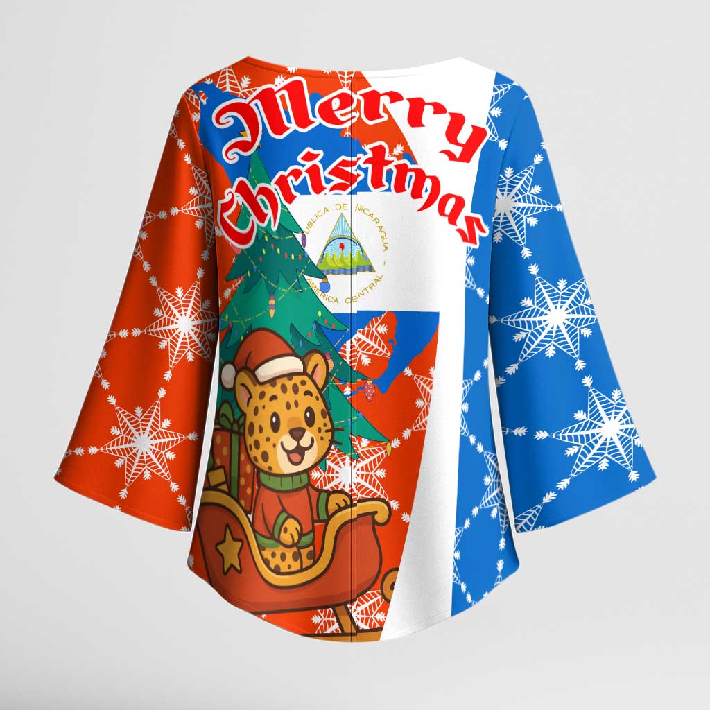 Nicaragua Christmas Kimono Sleeve Blouse with Jaguar in Sleigh Christmas Tree Snowflakes and Flag Colors Design - Wonder Print Shop