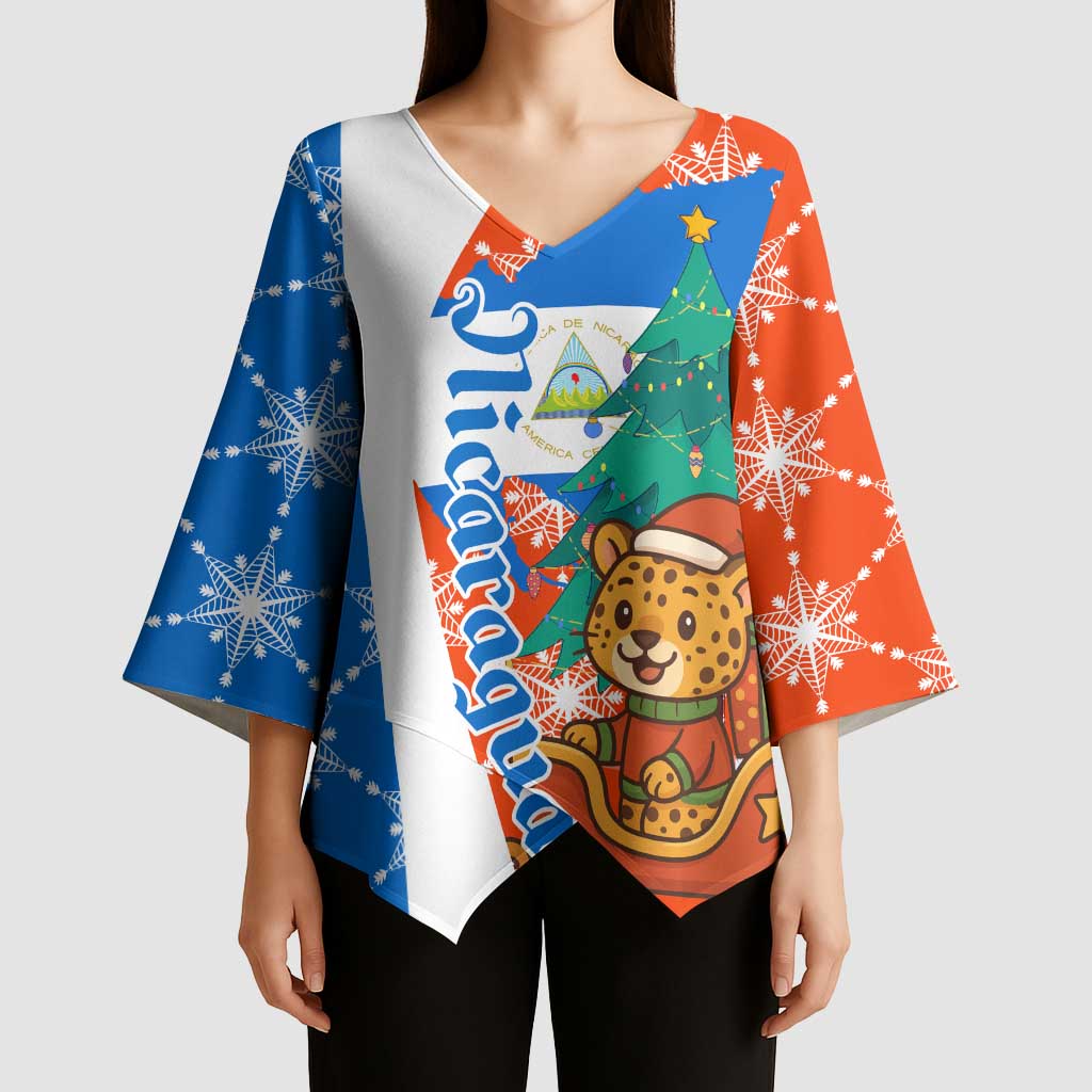 Nicaragua Christmas Kimono Sleeve Blouse with Jaguar in Sleigh Christmas Tree Snowflakes and Flag Colors Design - Wonder Print Shop