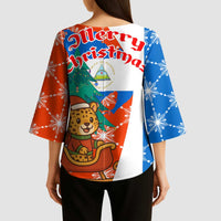 Nicaragua Christmas Kimono Sleeve Blouse with Jaguar in Sleigh Christmas Tree Snowflakes and Flag Colors Design - Wonder Print Shop