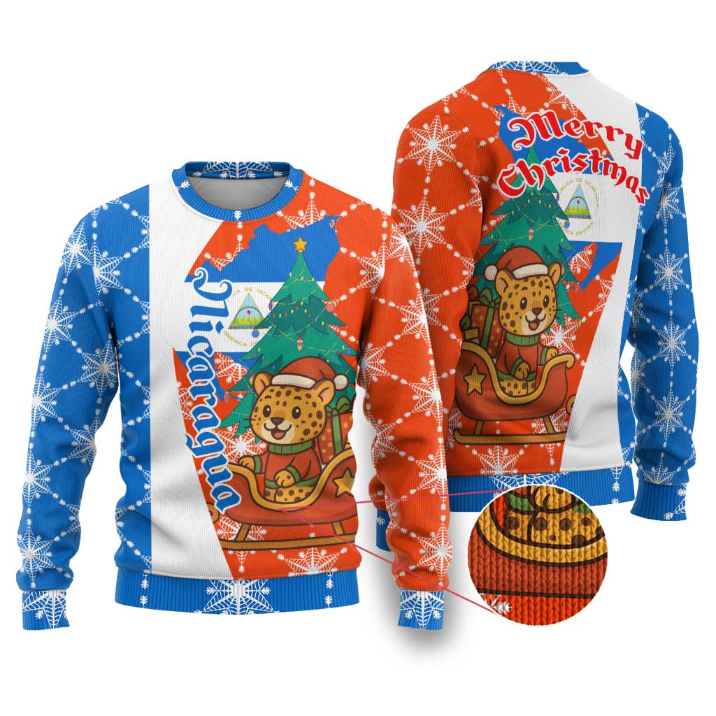 Nicaragua Christmas Ugly Christmas Sweater with Jaguar in Sleigh Christmas Tree Snowflakes and Flag Colors Design - Wonder Print Shop