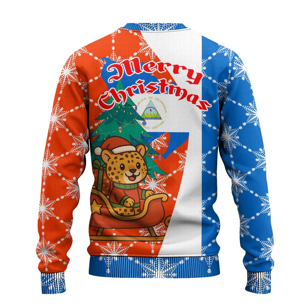 Nicaragua Christmas Ugly Christmas Sweater with Jaguar in Sleigh Christmas Tree Snowflakes and Flag Colors Design - Wonder Print Shop