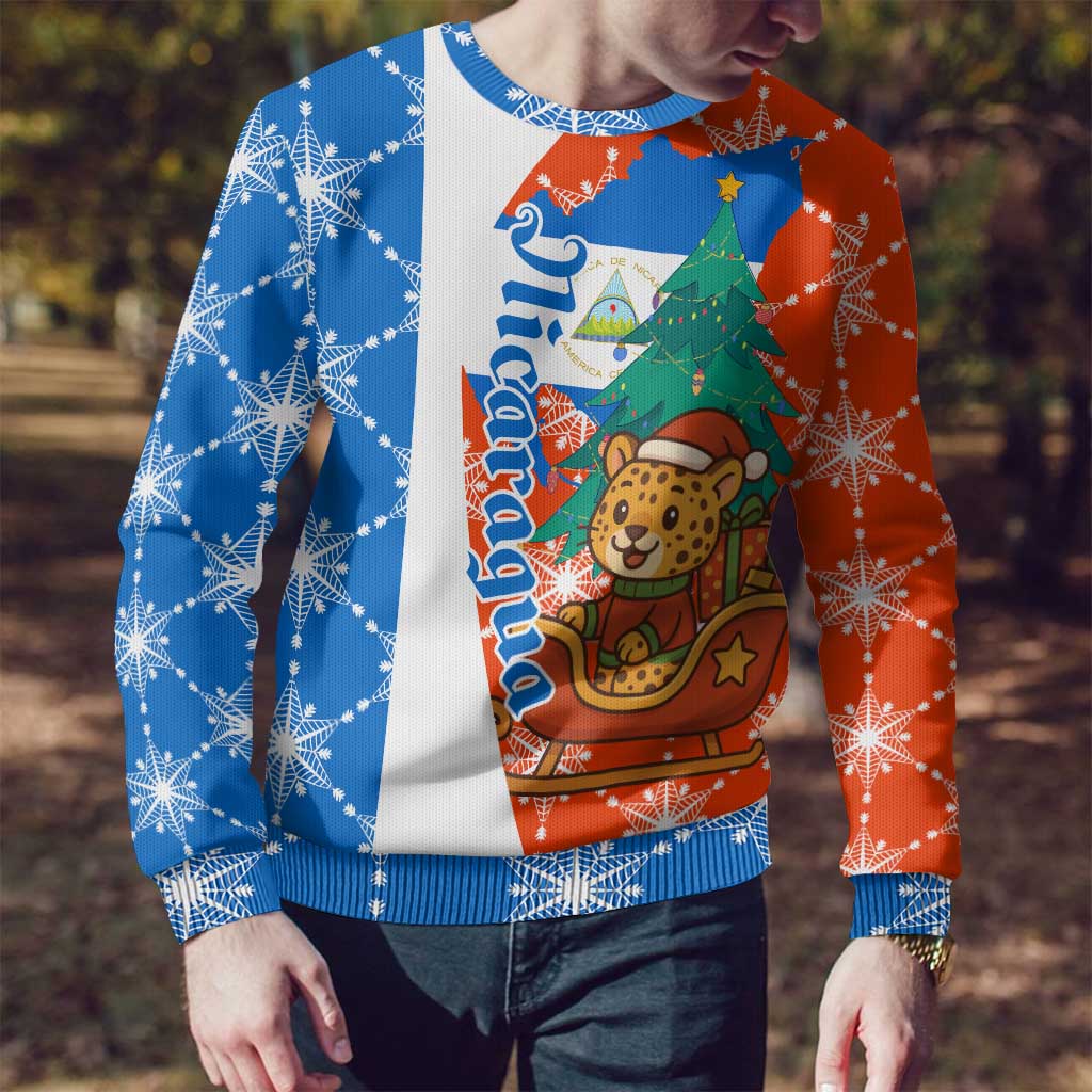 Nicaragua Christmas Ugly Christmas Sweater with Jaguar in Sleigh Christmas Tree Snowflakes and Flag Colors Design - Wonder Print Shop