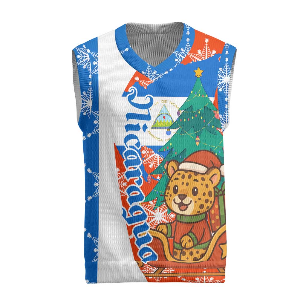 Nicaragua Christmas Knitted V-Neck Vest with Jaguar in Sleigh Christmas Tree Snowflakes and Flag Colors Design - Wonder Print Shop