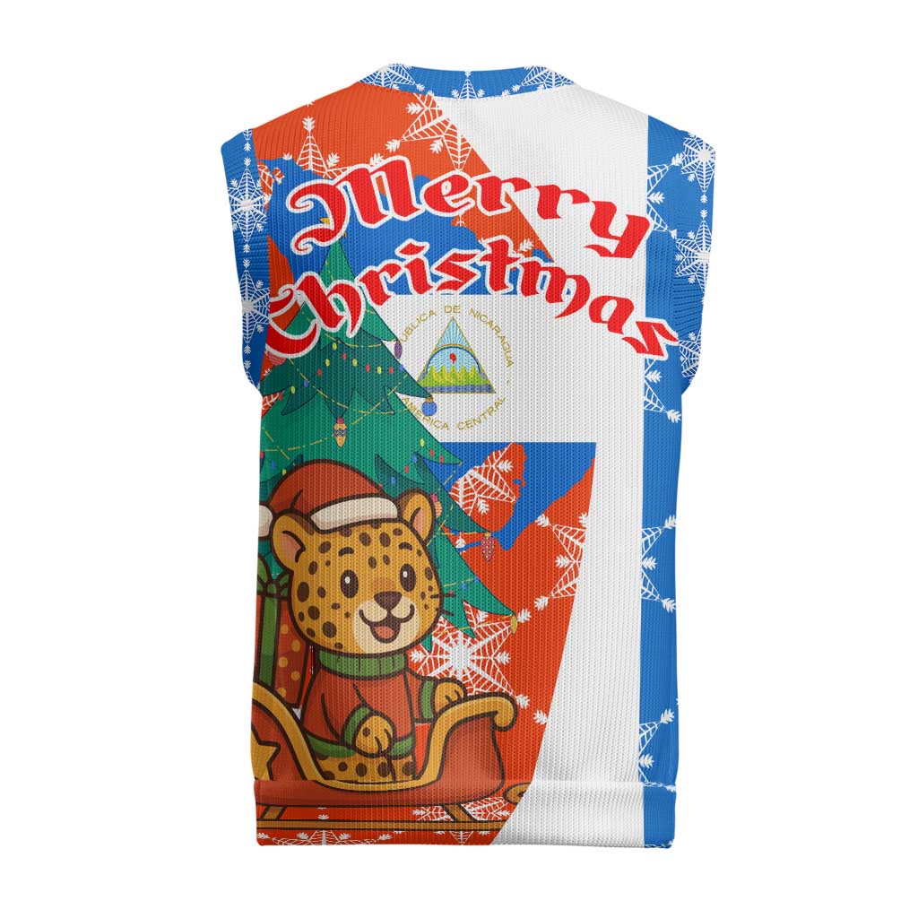 Nicaragua Christmas Knitted V-Neck Vest with Jaguar in Sleigh Christmas Tree Snowflakes and Flag Colors Design - Wonder Print Shop