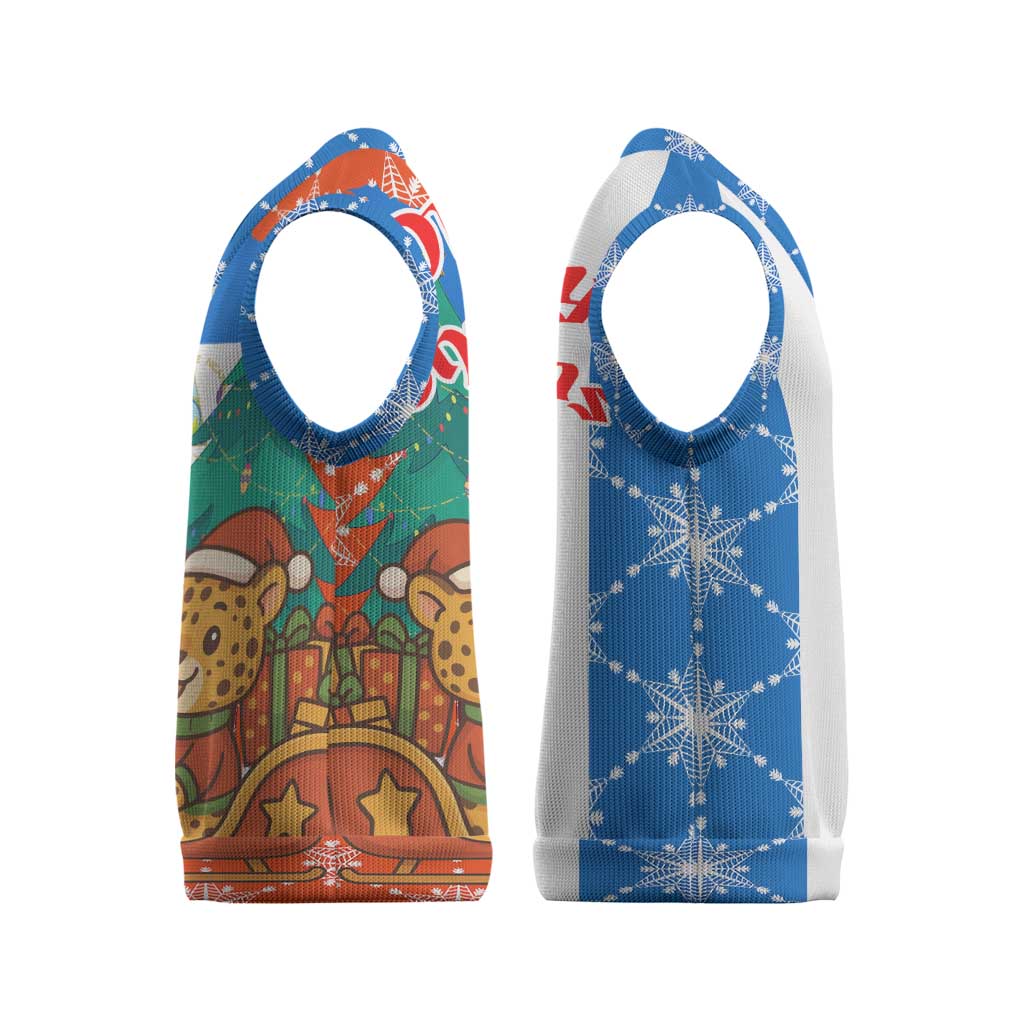 Nicaragua Christmas Knitted V-Neck Vest with Jaguar in Sleigh Christmas Tree Snowflakes and Flag Colors Design - Wonder Print Shop