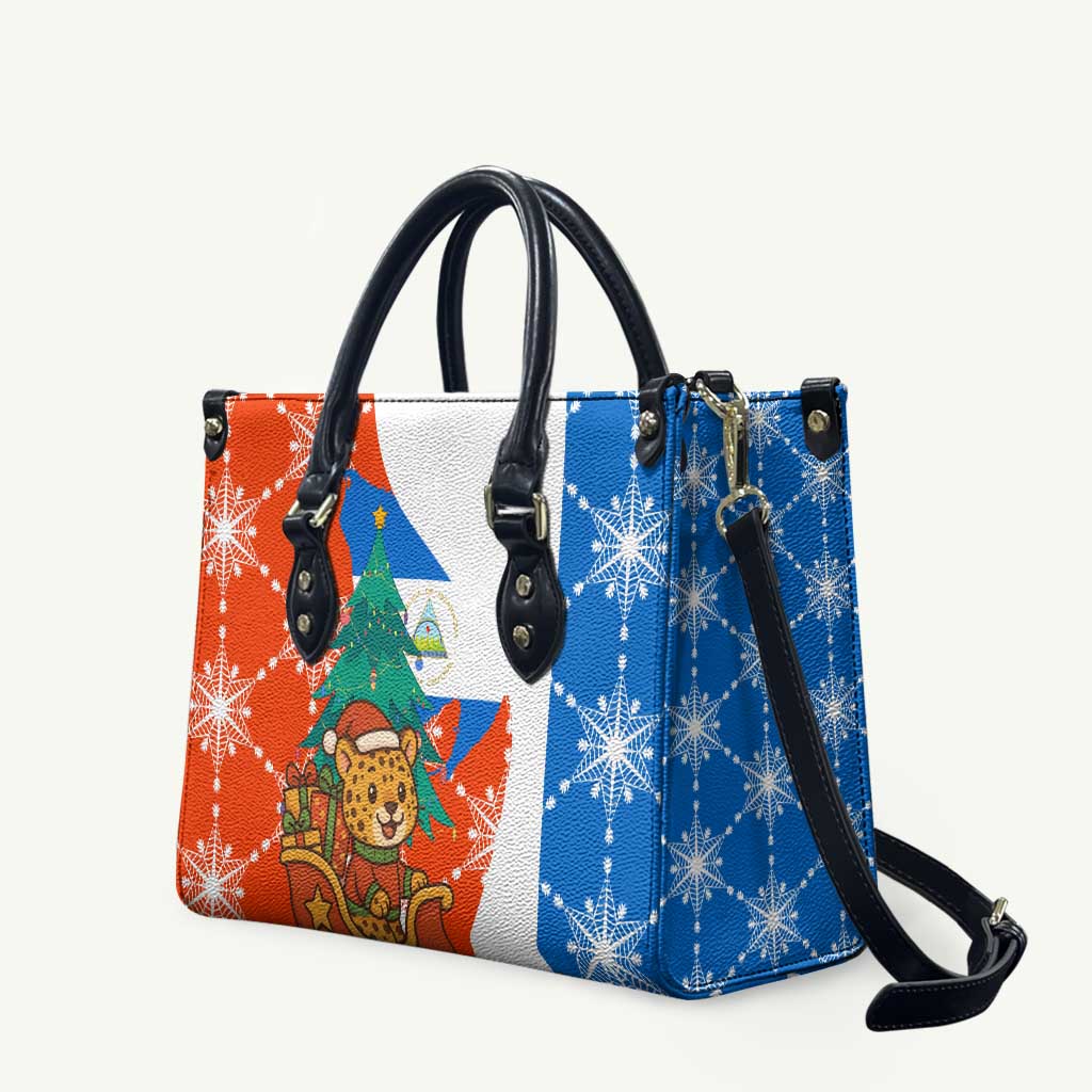 Nicaragua Christmas Leather Bag with Jaguar in Sleigh Christmas Tree Snowflakes and Flag Colors Design - Wonder Print Shop