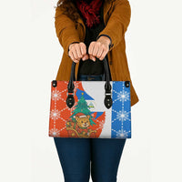 Nicaragua Christmas Leather Bag with Jaguar in Sleigh Christmas Tree Snowflakes and Flag Colors Design - Wonder Print Shop