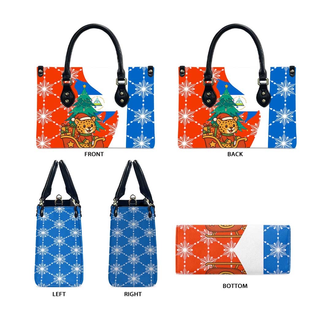 Nicaragua Christmas Leather Bag with Jaguar in Sleigh Christmas Tree Snowflakes and Flag Colors Design - Wonder Print Shop