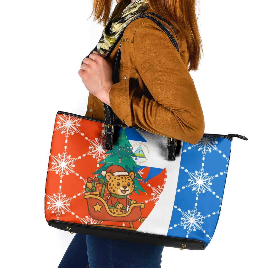 Nicaragua Christmas Leather Tote Bag with Jaguar in Sleigh Christmas Tree Snowflakes and Flag Colors Design - Wonder Print Shop