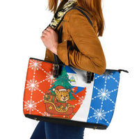Nicaragua Christmas Leather Tote Bag with Jaguar in Sleigh Christmas Tree Snowflakes and Flag Colors Design - Wonder Print Shop