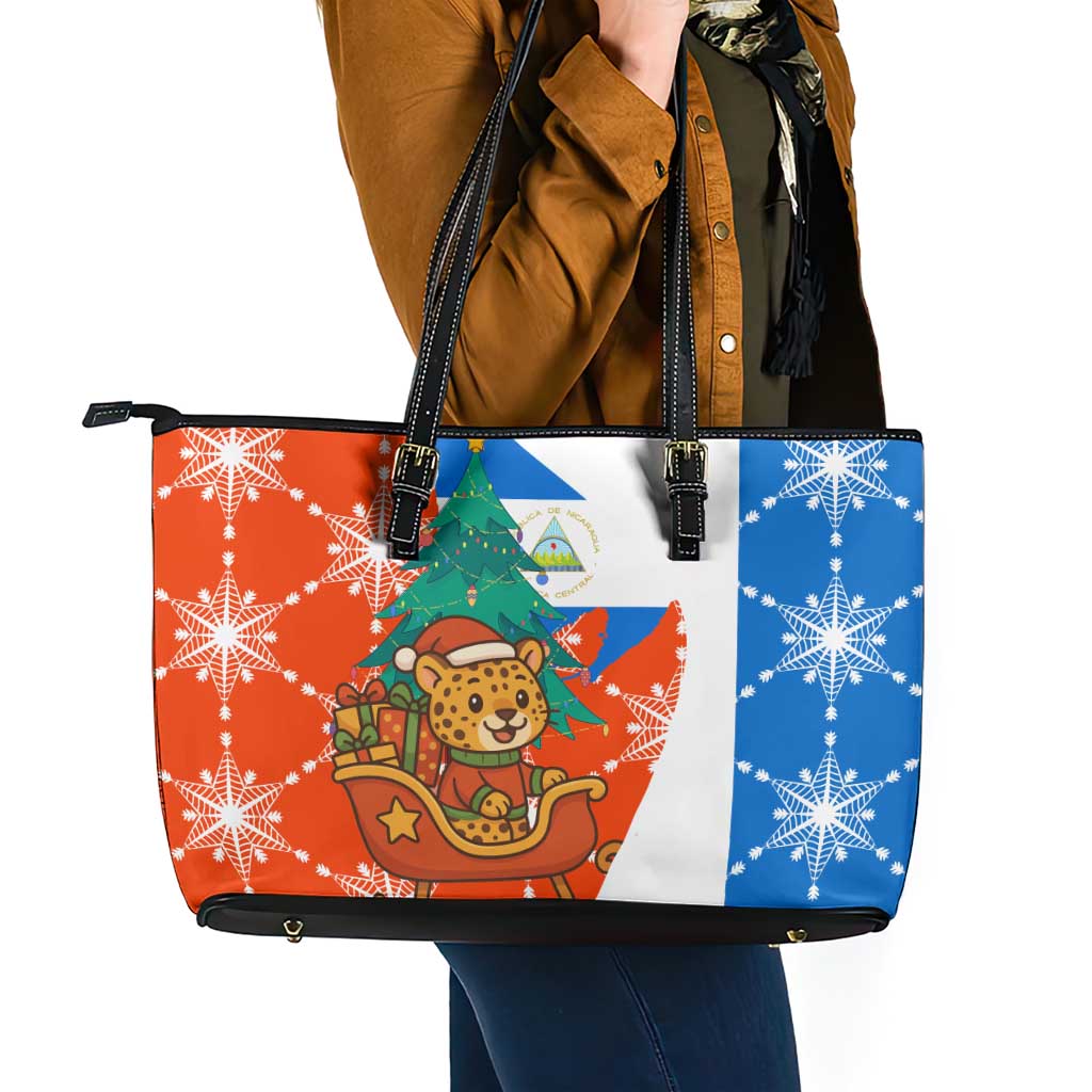 Nicaragua Christmas Leather Tote Bag with Jaguar in Sleigh Christmas Tree Snowflakes and Flag Colors Design - Wonder Print Shop