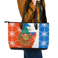 Nicaragua Christmas Leather Tote Bag with Jaguar in Sleigh Christmas Tree Snowflakes and Flag Colors Design - Wonder Print Shop