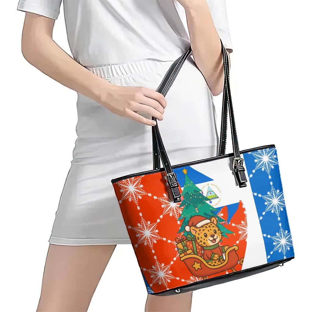 Nicaragua Christmas Leather Tote Bag with Jaguar in Sleigh Christmas Tree Snowflakes and Flag Colors Design - Wonder Print Shop