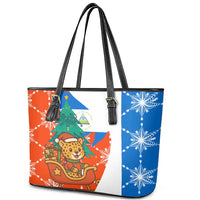 Nicaragua Christmas Leather Tote Bag with Jaguar in Sleigh Christmas Tree Snowflakes and Flag Colors Design - Wonder Print Shop