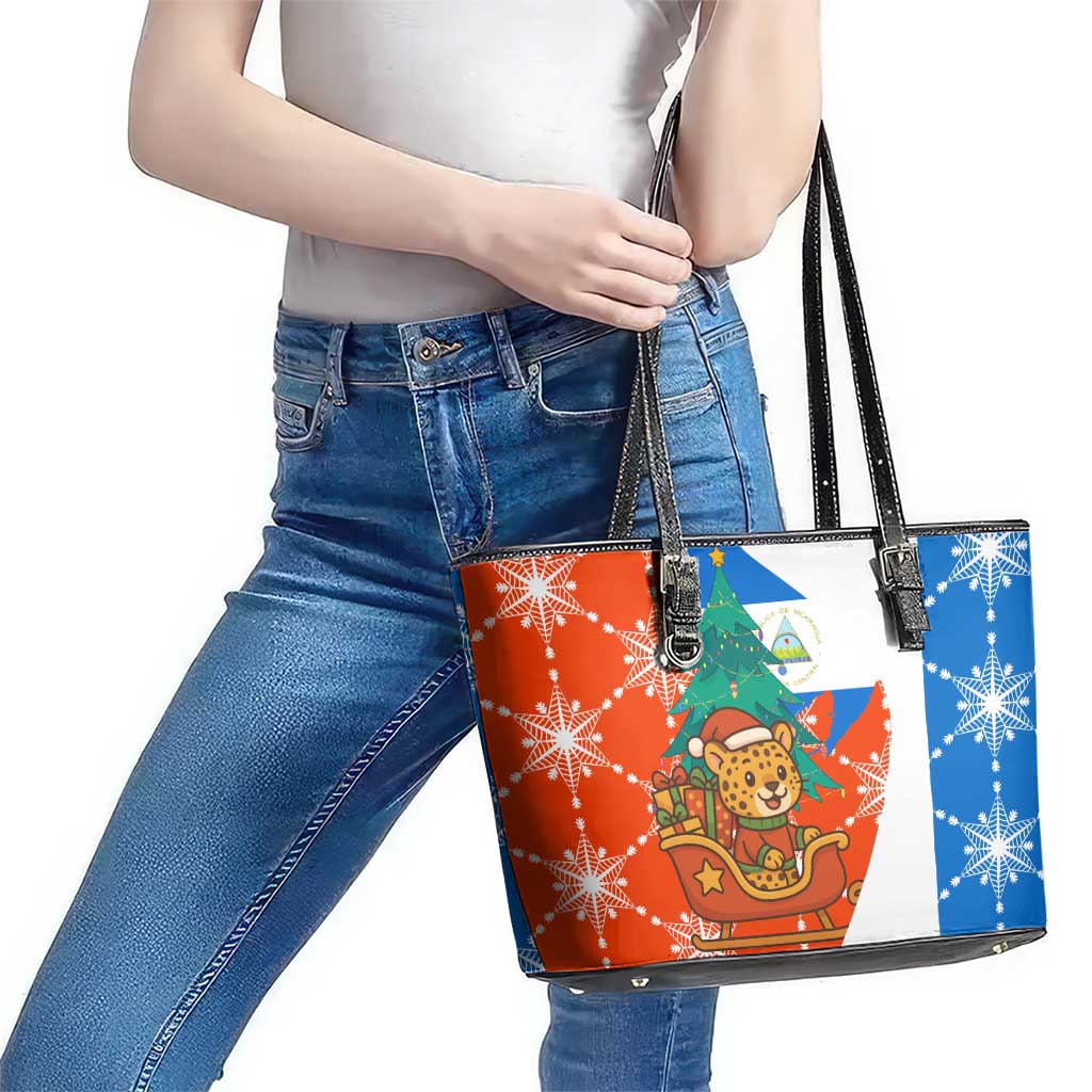 Nicaragua Christmas Leather Tote Bag with Jaguar in Sleigh Christmas Tree Snowflakes and Flag Colors Design - Wonder Print Shop