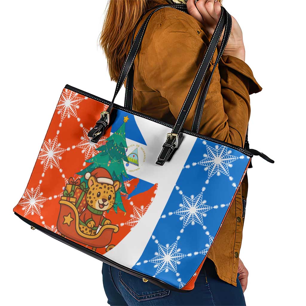 Nicaragua Christmas Leather Tote Bag with Jaguar in Sleigh Christmas Tree Snowflakes and Flag Colors Design - Wonder Print Shop