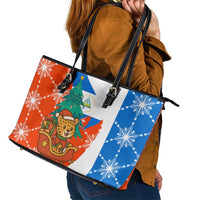 Nicaragua Christmas Leather Tote Bag with Jaguar in Sleigh Christmas Tree Snowflakes and Flag Colors Design - Wonder Print Shop