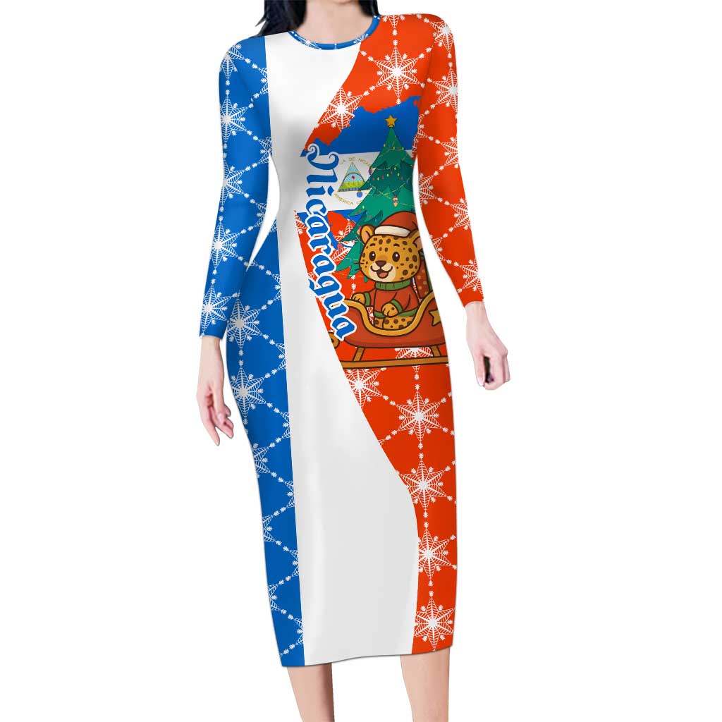 Nicaragua Christmas Long Sleeve Bodycon Dress with Jaguar in Sleigh Christmas Tree Snowflakes and Flag Colors Design - Wonder Print Shop