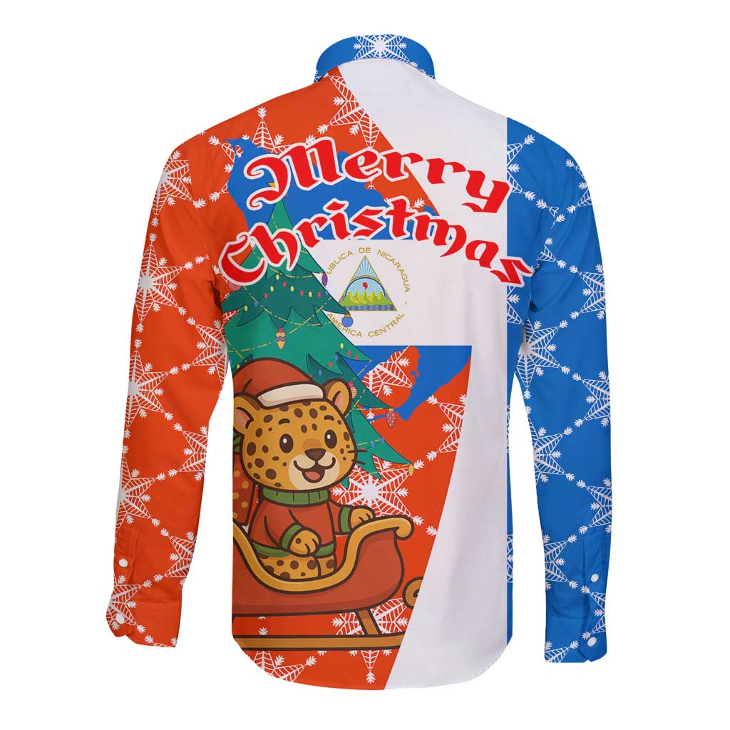 Nicaragua Christmas Long Sleeve Button Shirt with Jaguar in Sleigh Christmas Tree Snowflakes and Flag Colors Design - Wonder Print Shop