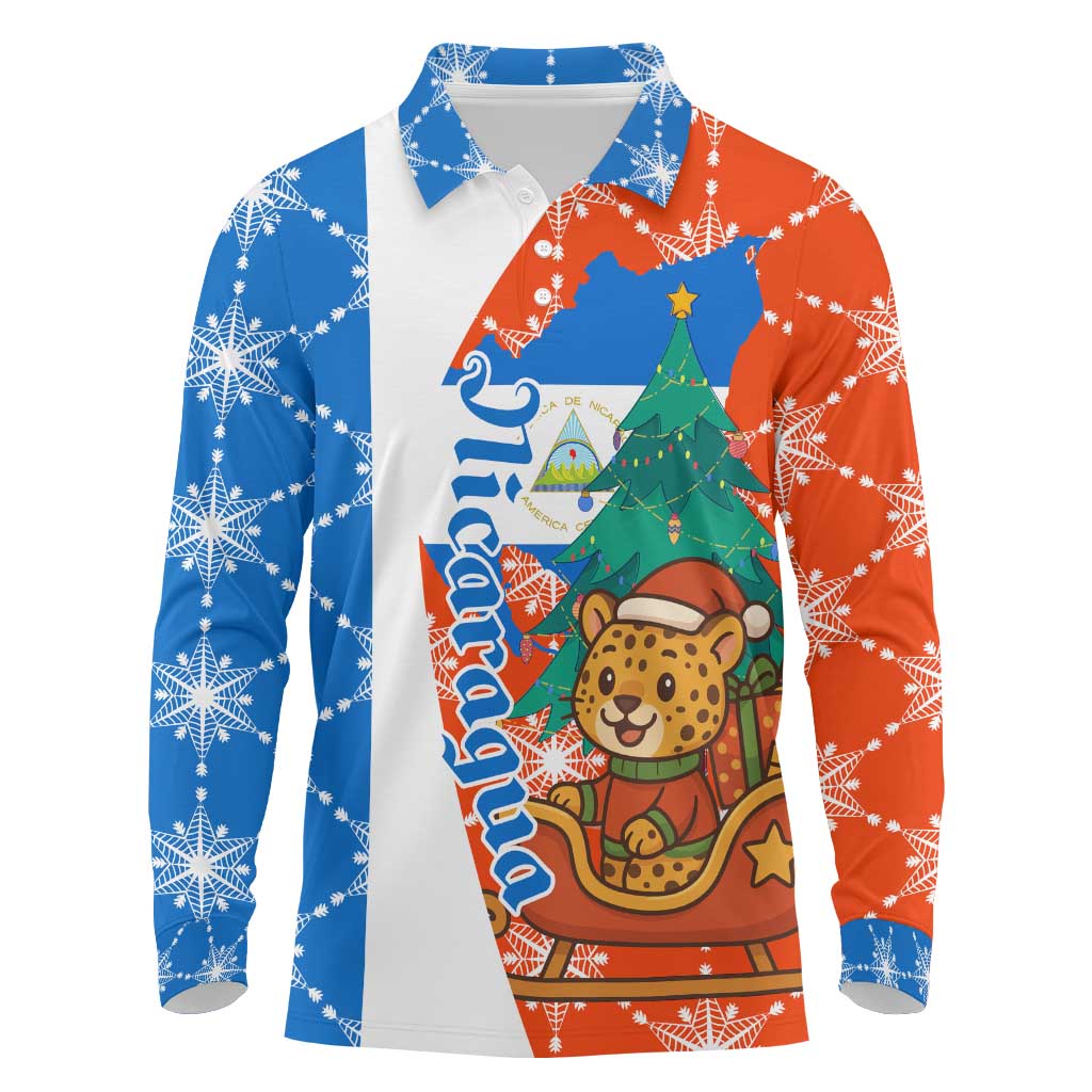 Nicaragua Christmas Long Sleeve Polo Shirt with Jaguar in Sleigh Christmas Tree Snowflakes and Flag Colors Design - Wonder Print Shop