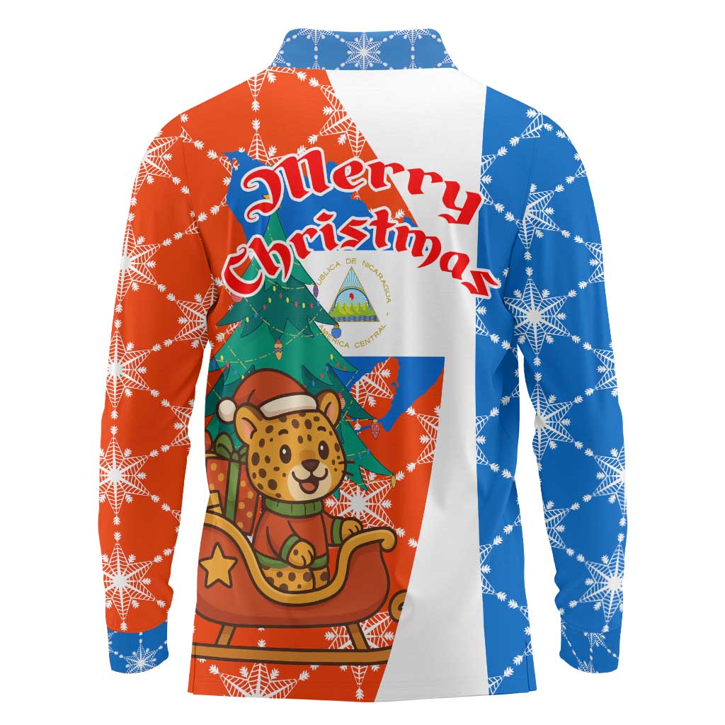 Nicaragua Christmas Long Sleeve Polo Shirt with Jaguar in Sleigh Christmas Tree Snowflakes and Flag Colors Design - Wonder Print Shop