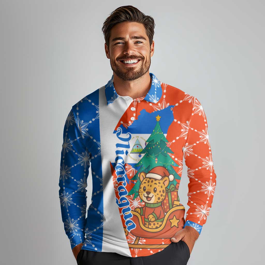 Nicaragua Christmas Long Sleeve Polo Shirt with Jaguar in Sleigh Christmas Tree Snowflakes and Flag Colors Design - Wonder Print Shop