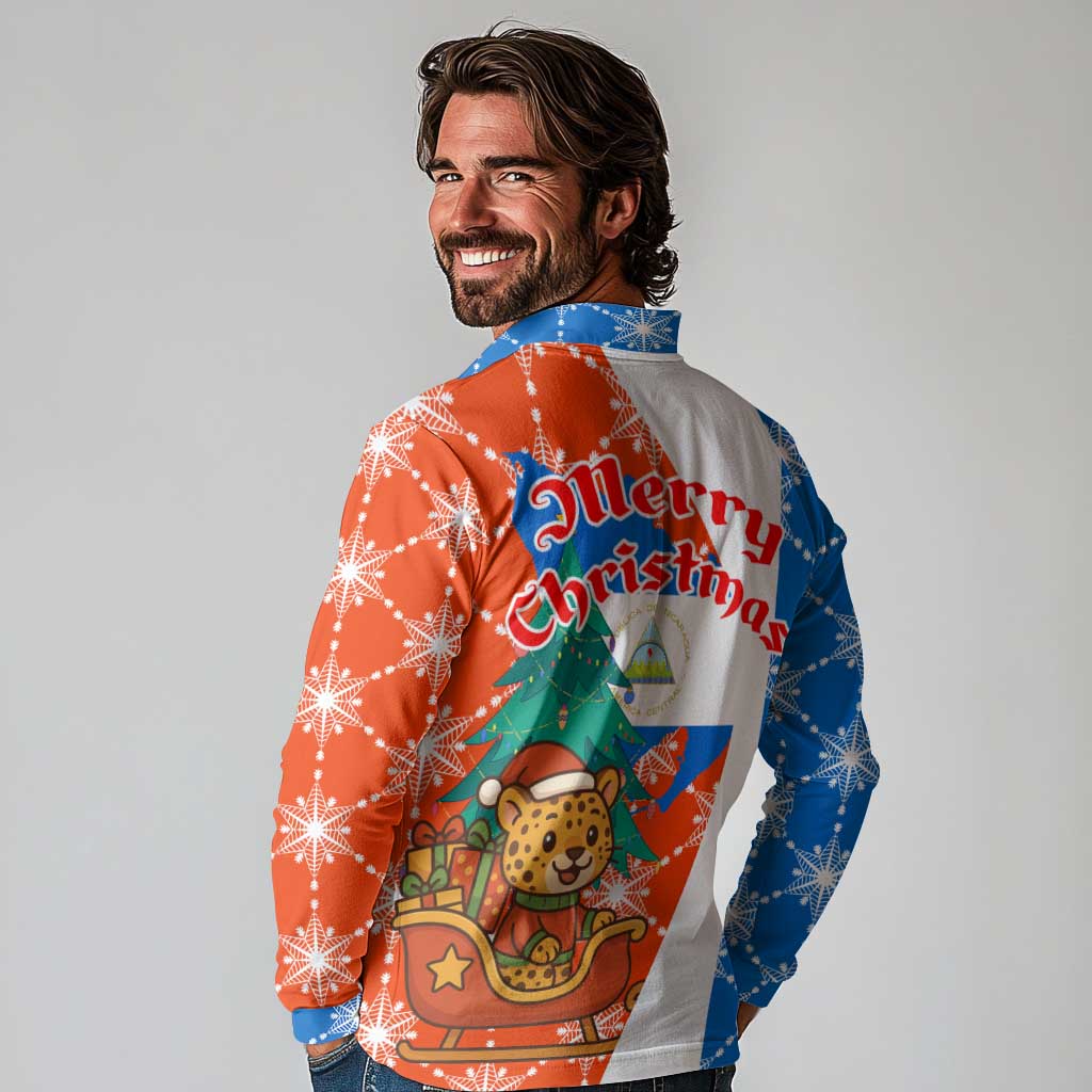 Nicaragua Christmas Long Sleeve Polo Shirt with Jaguar in Sleigh Christmas Tree Snowflakes and Flag Colors Design - Wonder Print Shop