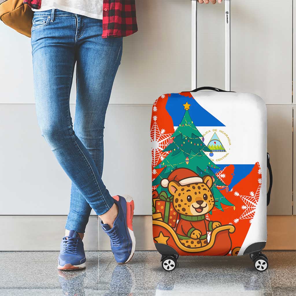 Nicaragua Christmas Luggage Cover with Jaguar in Sleigh Christmas Tree Snowflakes and Flag Colors Design - Wonder Print Shop