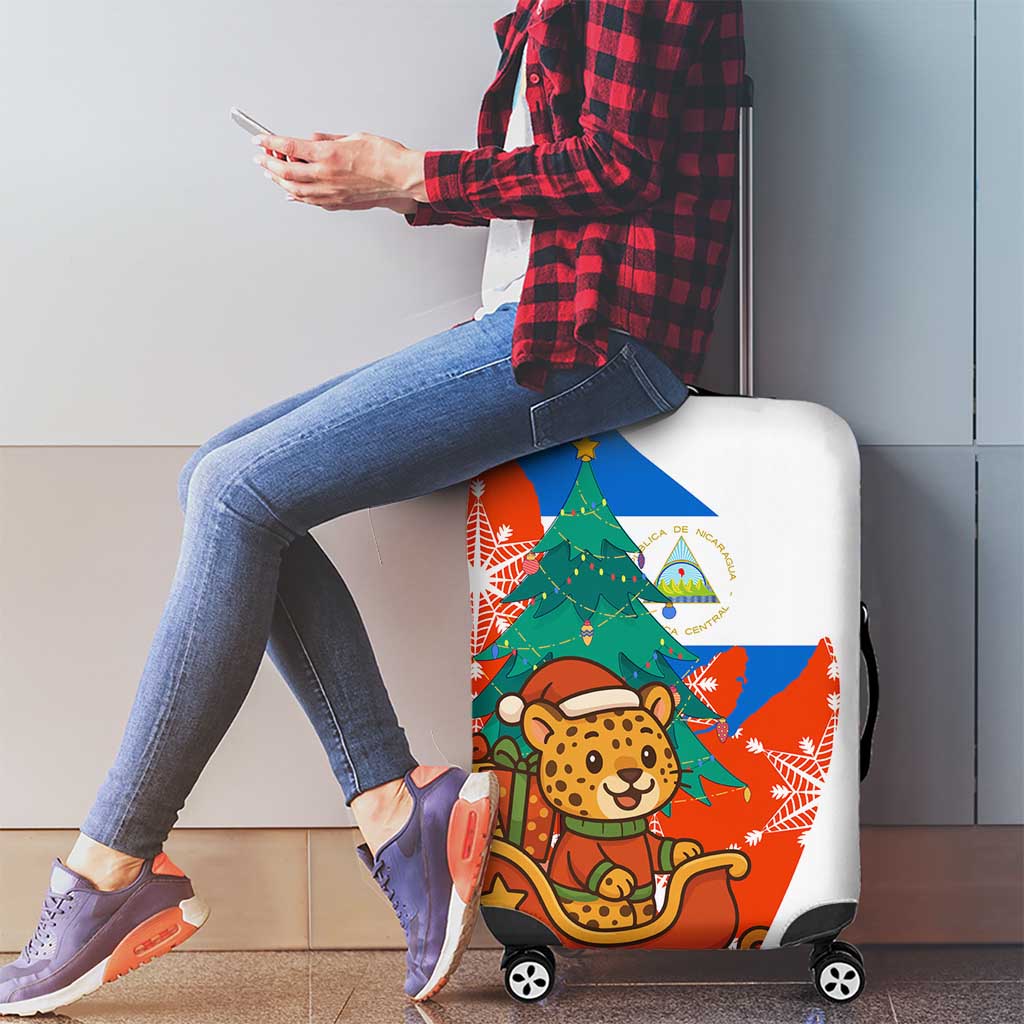 Nicaragua Christmas Luggage Cover with Jaguar in Sleigh Christmas Tree Snowflakes and Flag Colors Design - Wonder Print Shop