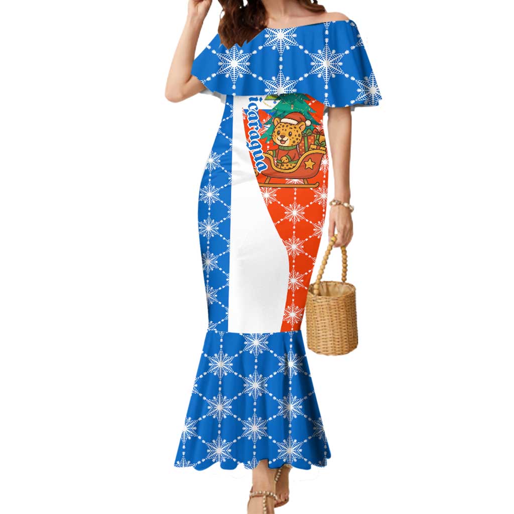 Nicaragua Christmas Mermaid Dress with Jaguar in Sleigh Christmas Tree Snowflakes and Flag Colors Design - Wonder Print Shop