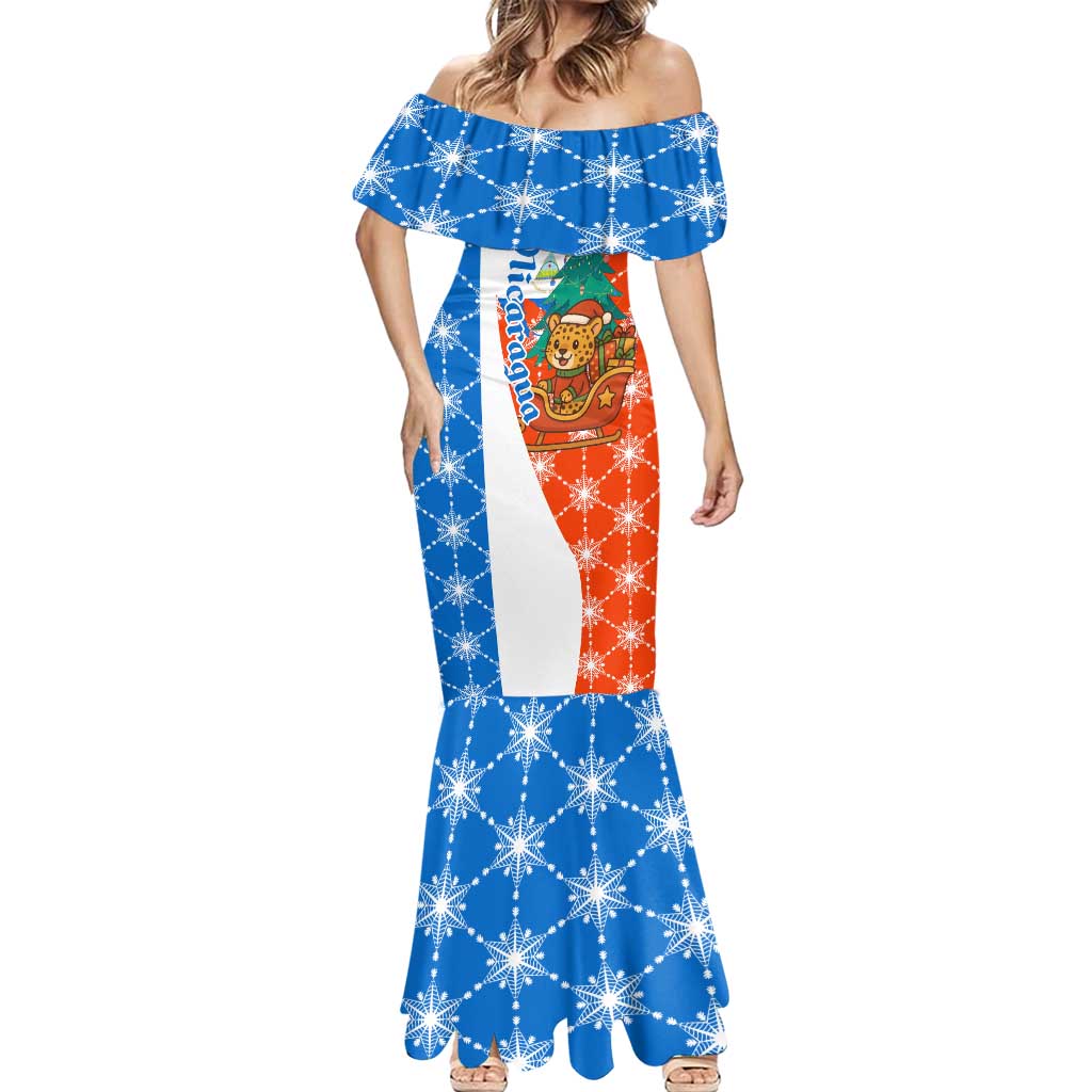 Nicaragua Christmas Mermaid Dress with Jaguar in Sleigh Christmas Tree Snowflakes and Flag Colors Design - Wonder Print Shop