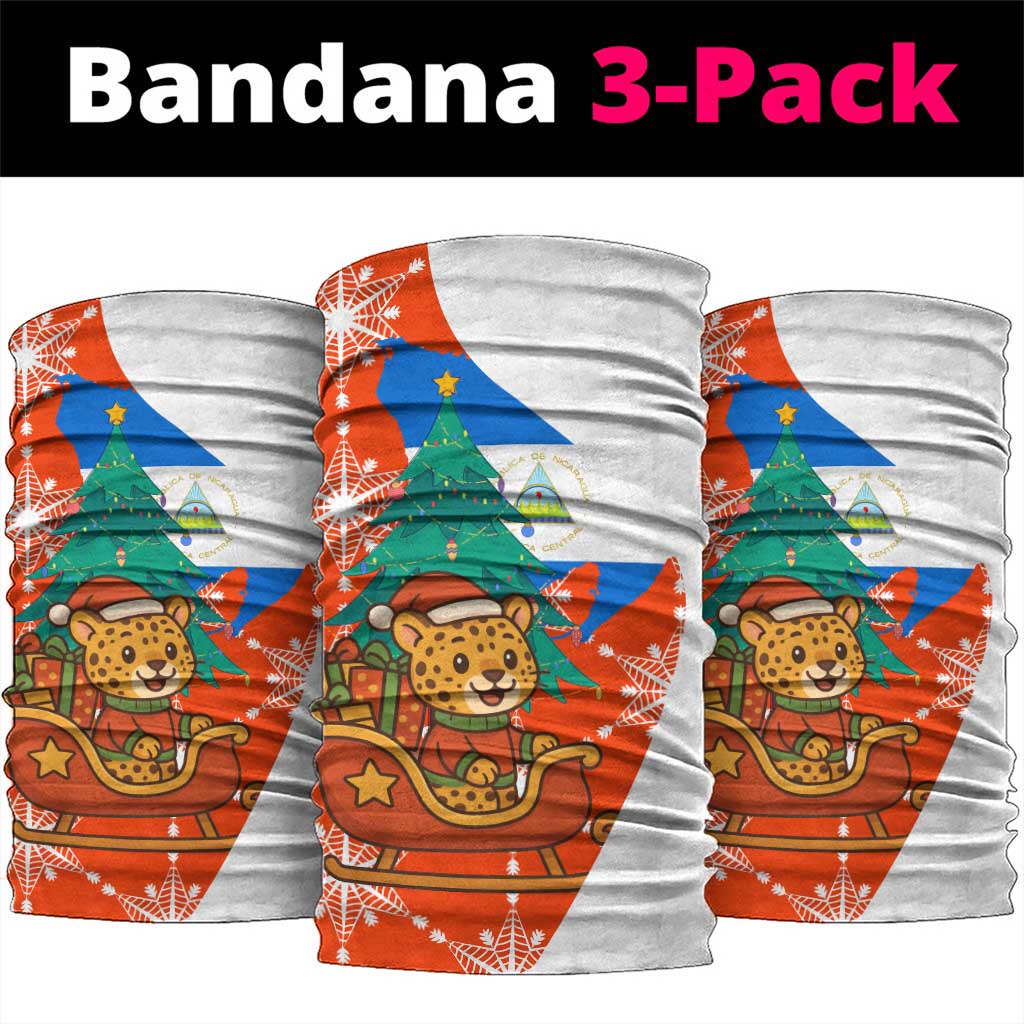 Nicaragua Christmas Neck Gaiter with Jaguar in Sleigh Christmas Tree Snowflakes and Flag Colors Design - Wonder Print Shop