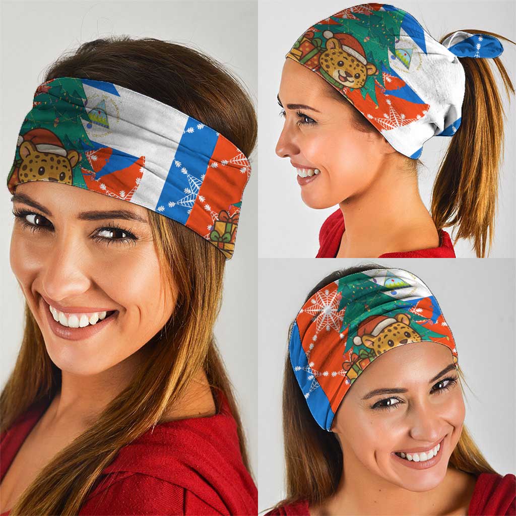 Nicaragua Christmas Neck Gaiter with Jaguar in Sleigh Christmas Tree Snowflakes and Flag Colors Design - Wonder Print Shop