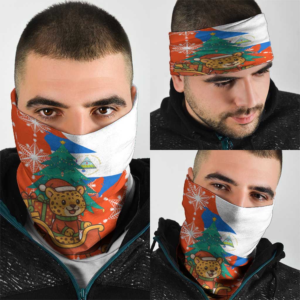 Nicaragua Christmas Neck Gaiter with Jaguar in Sleigh Christmas Tree Snowflakes and Flag Colors Design - Wonder Print Shop