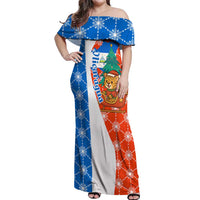 Nicaragua Christmas Off Shoulder Maxi Dress with Jaguar in Sleigh Christmas Tree Snowflakes and Flag Colors Design - Wonder Print Shop