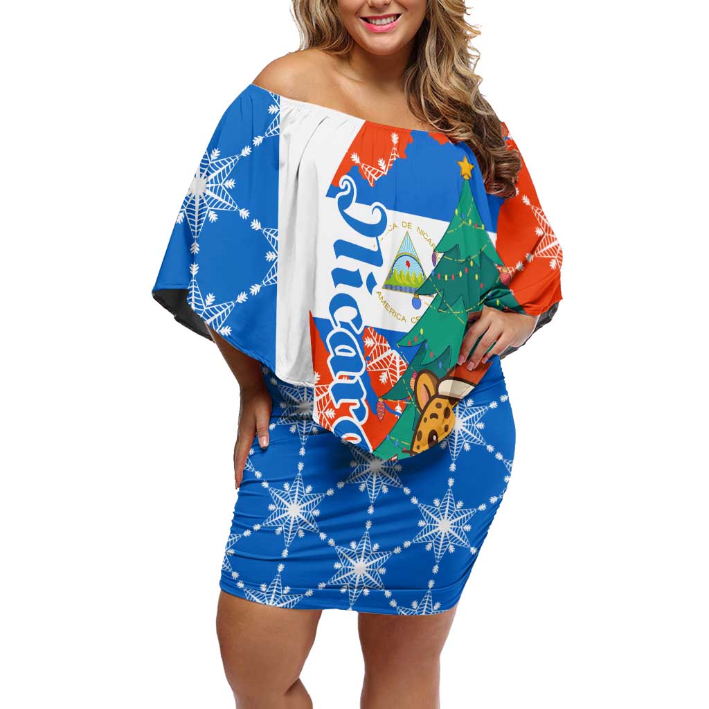 Nicaragua Christmas Off Shoulder Short Dress with Jaguar in Sleigh Christmas Tree Snowflakes and Flag Colors Design - Wonder Print Shop