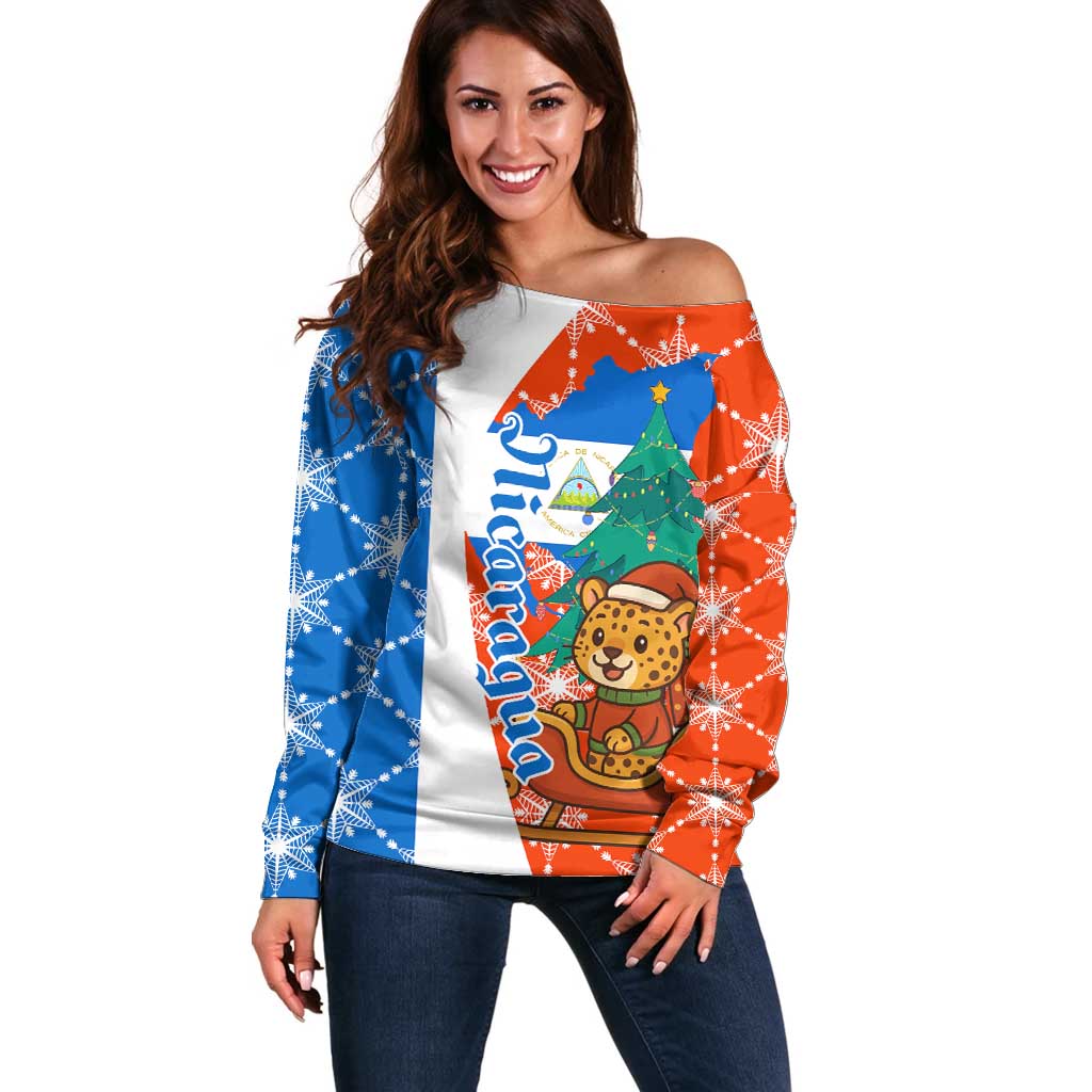 Nicaragua Christmas Off Shoulder Sweater with Jaguar in Sleigh Christmas Tree Snowflakes and Flag Colors Design - Wonder Print Shop