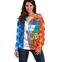Nicaragua Christmas Off Shoulder Sweater with Jaguar in Sleigh Christmas Tree Snowflakes and Flag Colors Design - Wonder Print Shop