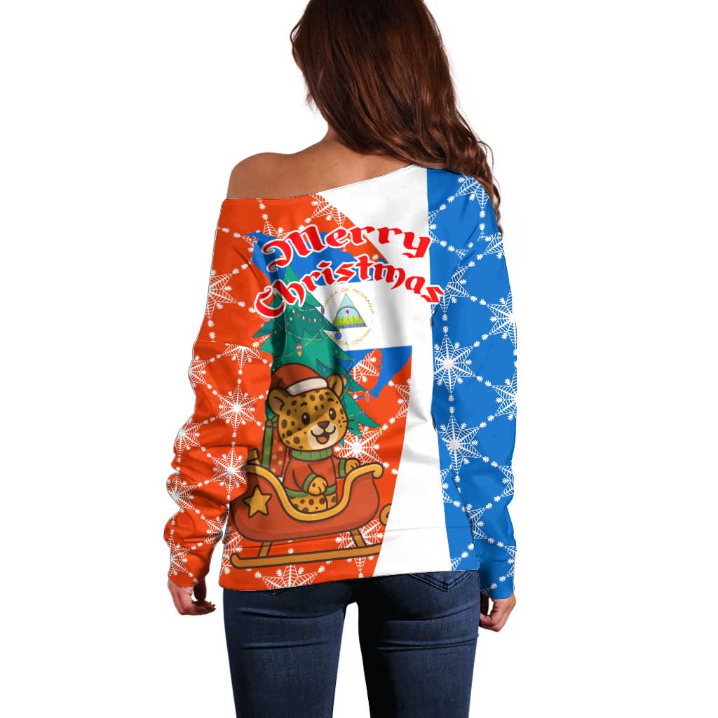 Nicaragua Christmas Off Shoulder Sweater with Jaguar in Sleigh Christmas Tree Snowflakes and Flag Colors Design - Wonder Print Shop
