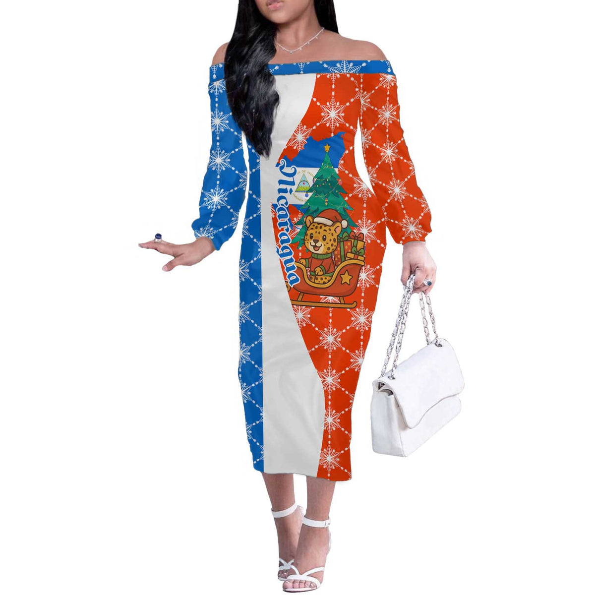 Nicaragua Christmas Off The Shoulder Long Sleeve Dress with Jaguar in Sleigh Christmas Tree Snowflakes and Flag Colors Design - Wonder Print Shop